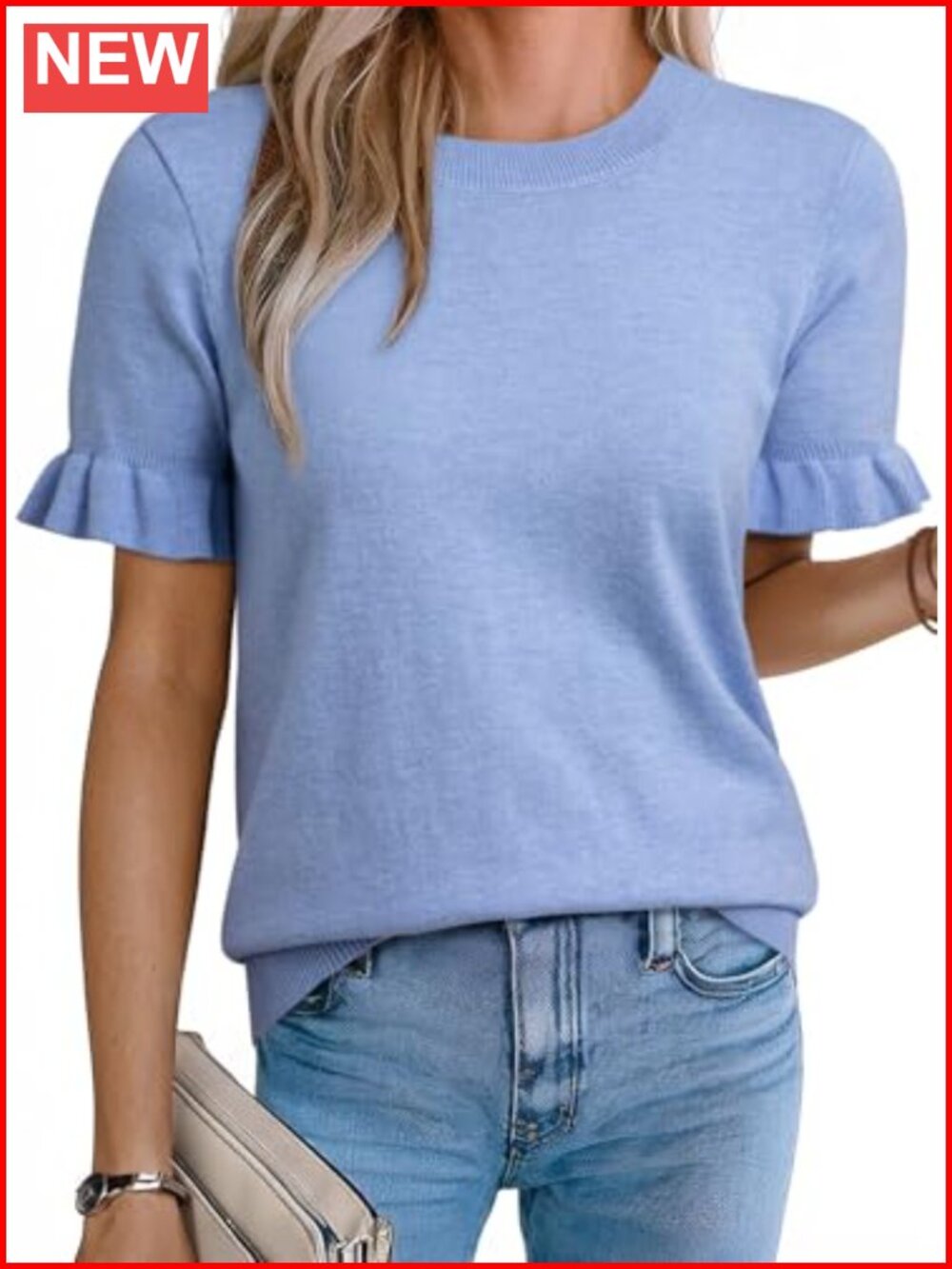 Wool Blend Short Sleeve Sweater Knit Top Crewneck Slim Fit Pullover